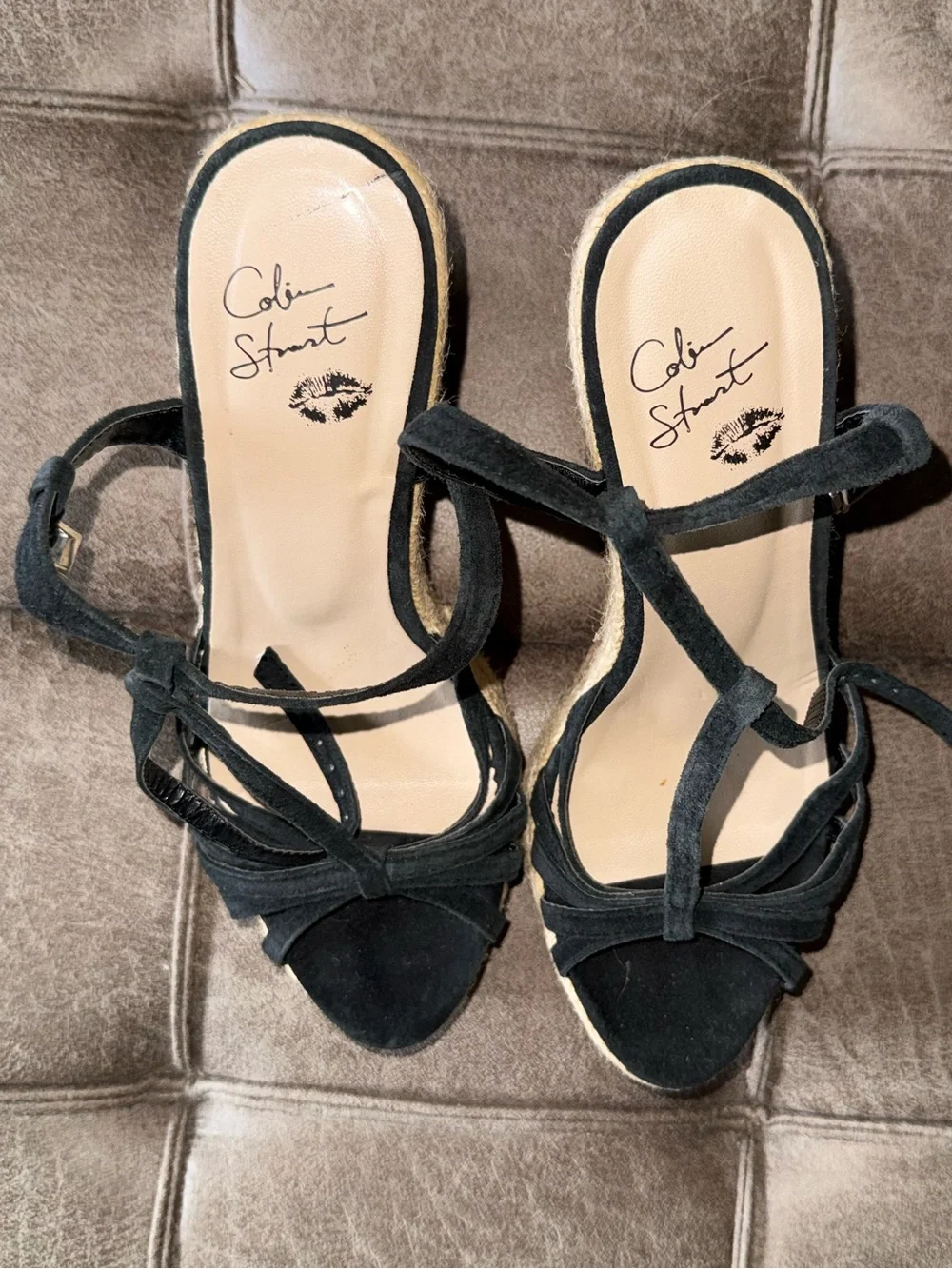 Colin Stuart Black and Natural Espadrille Platform Wedge Sandals